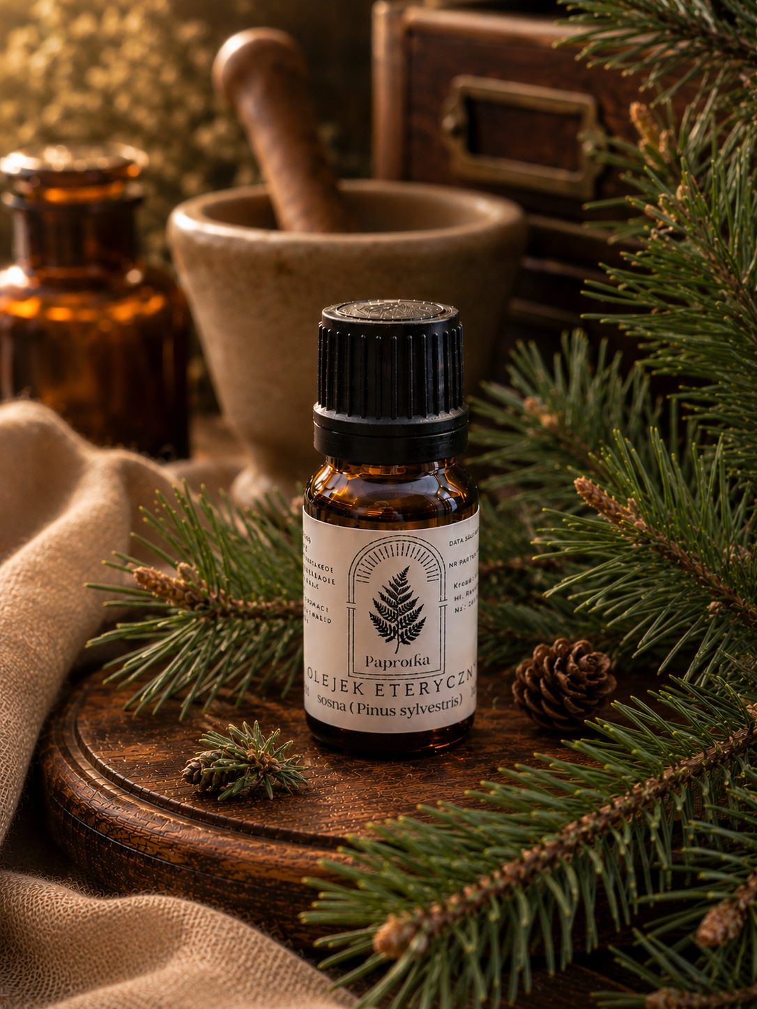 Olejek eteryczny z Sosny (Pinus sylvestris) 10 ml w szklanej buteleczce, Paprotka